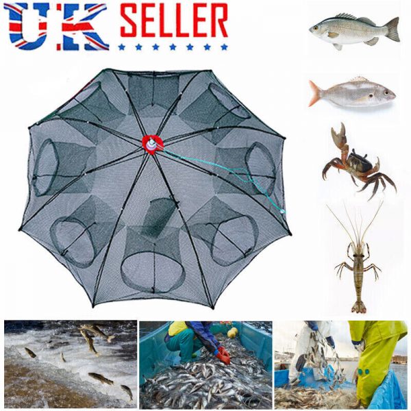 8 Holes Foldable Fishing Net Shrimp Cast Cage Crab Fish Prawn Trap Cast Pot UK